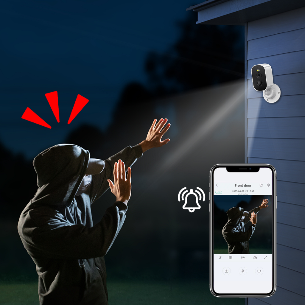 Smart home Beelines Solar Security Camera system with a camera on a house exterior, a phone app showing a intruder, and red warning lights.