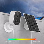 Outdoor Beelines Solar Security Camera with solar panel on a wall with rain in the background