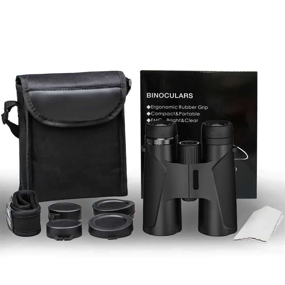 Black BixCelix Binoculars with carrying case and cleaning cloth on a white background