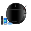 Black Elarvo robot vacuum cleaner with remote control and smartphone app on a white background, featuring LIECTROUX branding.