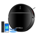 Black Plianx robot vacuum cleaner with remote control and smartphone app on a white background, featuring LIECTROUX branding.