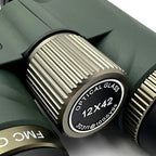 Close-up of a green Bosco Binoculars C9 with 'FMC' branding and '12x42' specification.