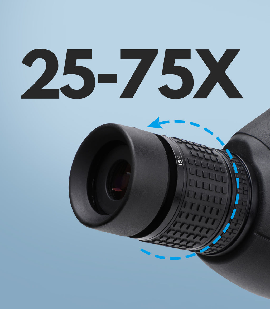 Bosco HD-7 Spotting Scope with 25-75x magnification on a blue background