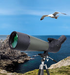 Bosco HD-7 Spotting Scope on a tripod with a scenic background of rocks and a bird flying over water.