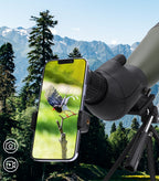 Bosco HD-7 Spotting Scope with smartphone displaying a bird image against a mountainous landscape