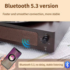 Black Bluetooth Brivona Record Player with smartphone showing music app on a newspaper background, emphasizing Bluetooth 5.3 connection.