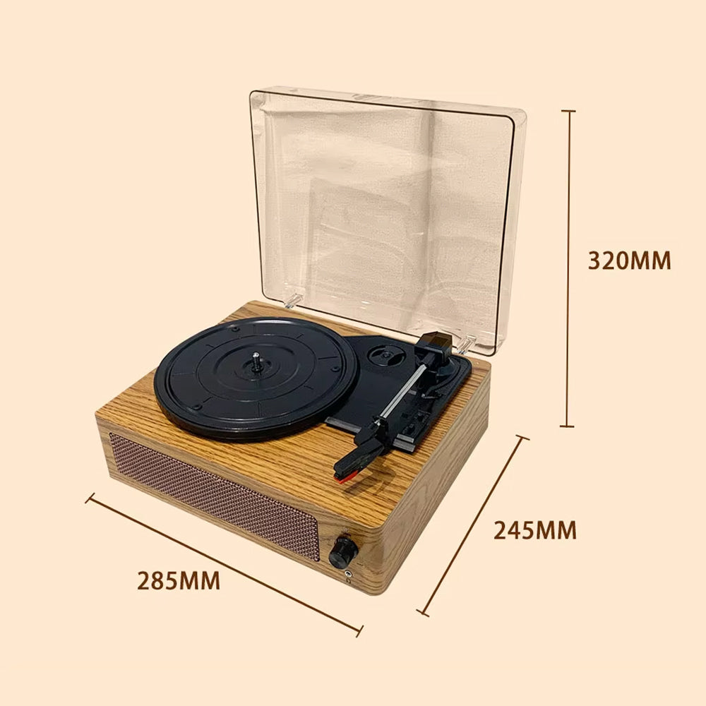 Wooden Brivona Record Player with dimensions indicated on a beige background