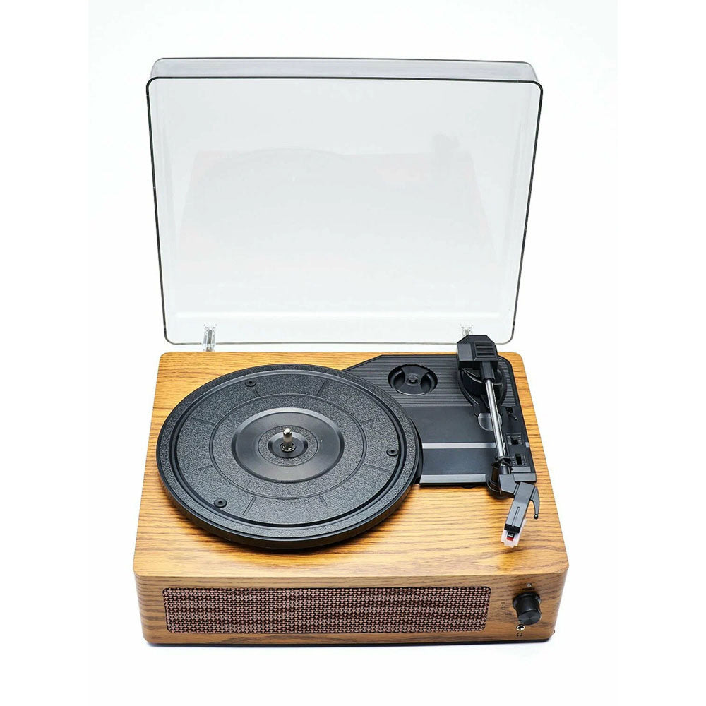 Wooden Brivona Record Player with a clear dust cover on a white background