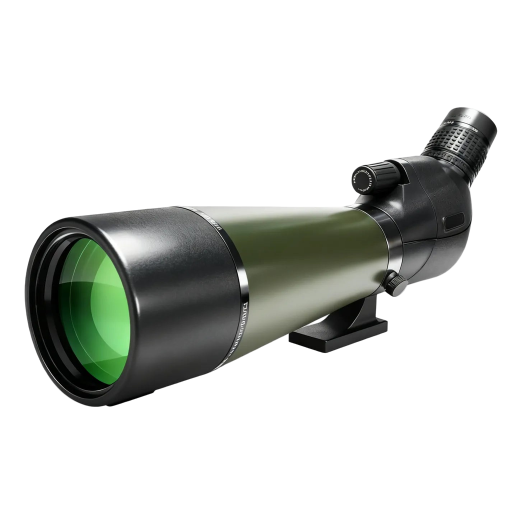 Green and black Brivona Spotting Scope on a white background