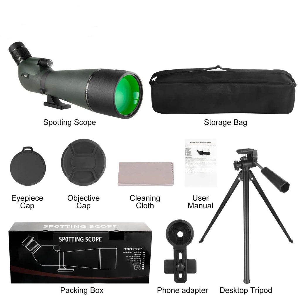 Brivona Spotting Scope with accessories including a storage bag, eyepiece cap, objective cap, cleaning cloth, user manual, packing box, phone adapter, and desktop tripod on a white background.