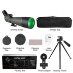 Brivona Spotting Scope with accessories including a storage bag, eyepiece cap, objective cap, cleaning cloth, user manual, packing box, phone adapter, and desktop tripod on a white background.