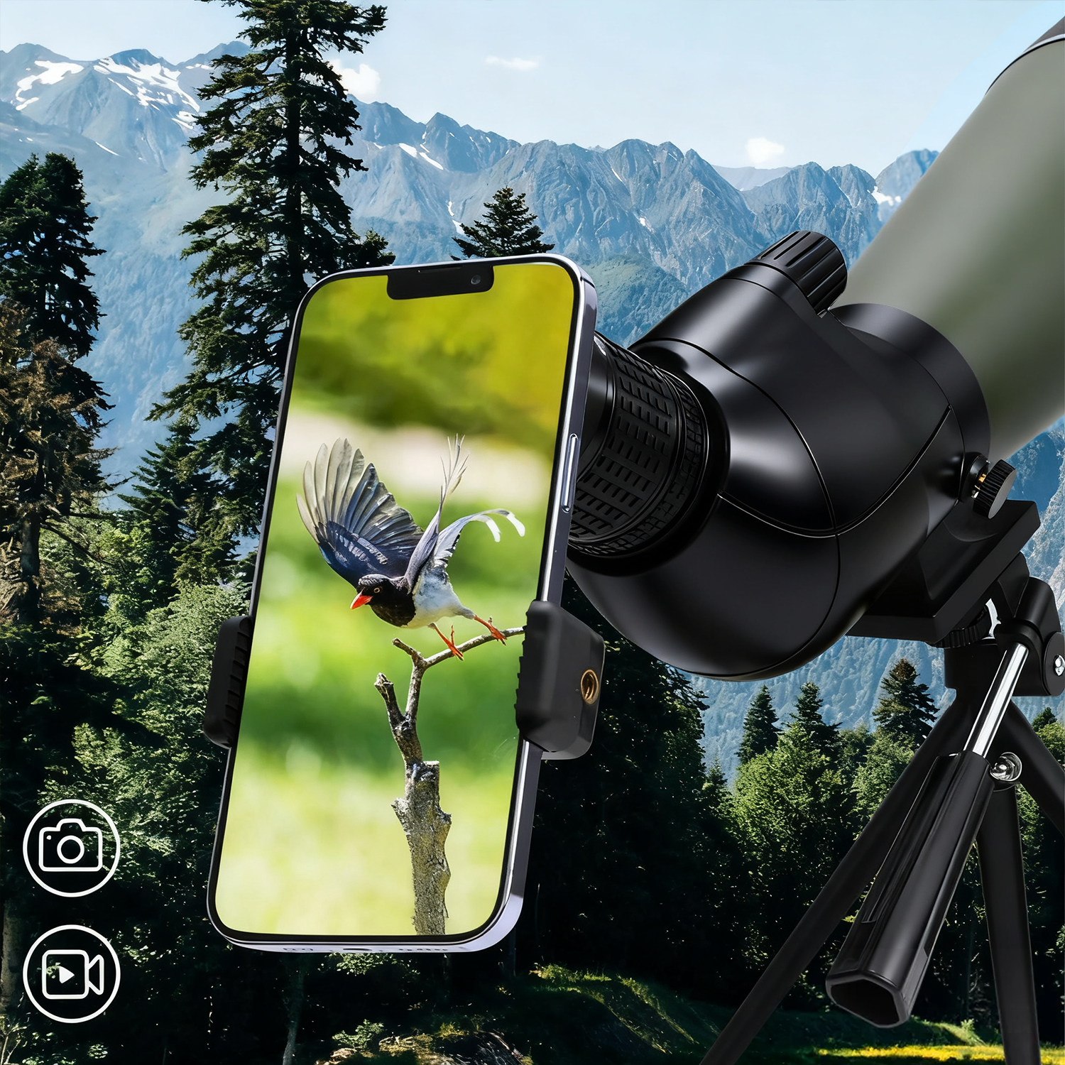 Brivona Spotting Scope with smartphone displaying a bird image against a mountainous landscape