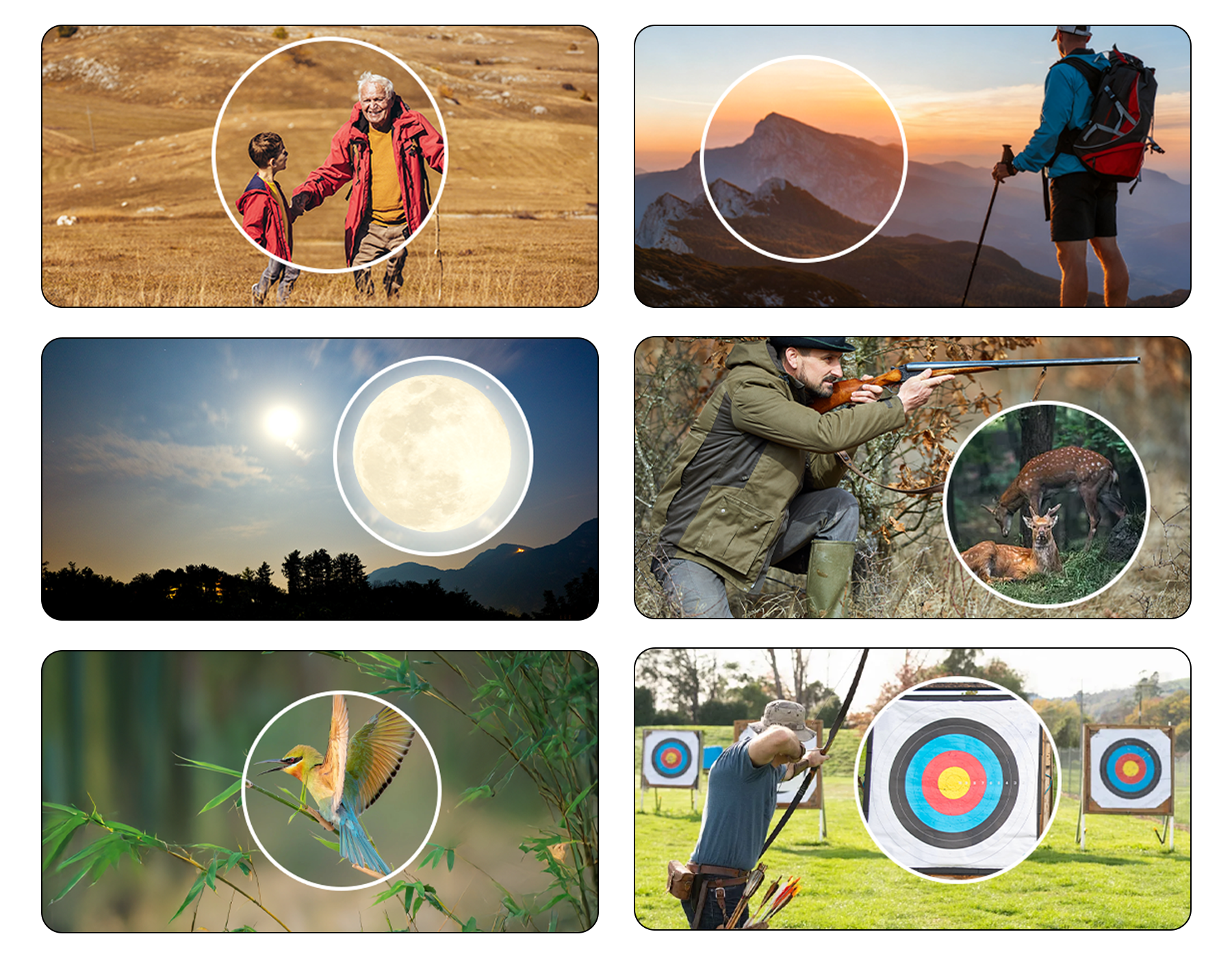 Collage of outdoor activities including archery, nature observation, and mountain scenery.