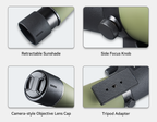 Close-up details of a monocular with retractable sunshade, side focus knob, camera-style objective lens cap, and tripod adapter.