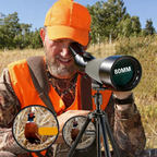 Man in hunting gear using a 80mm Brivona Spotting Scope in a field with Sonora branding.