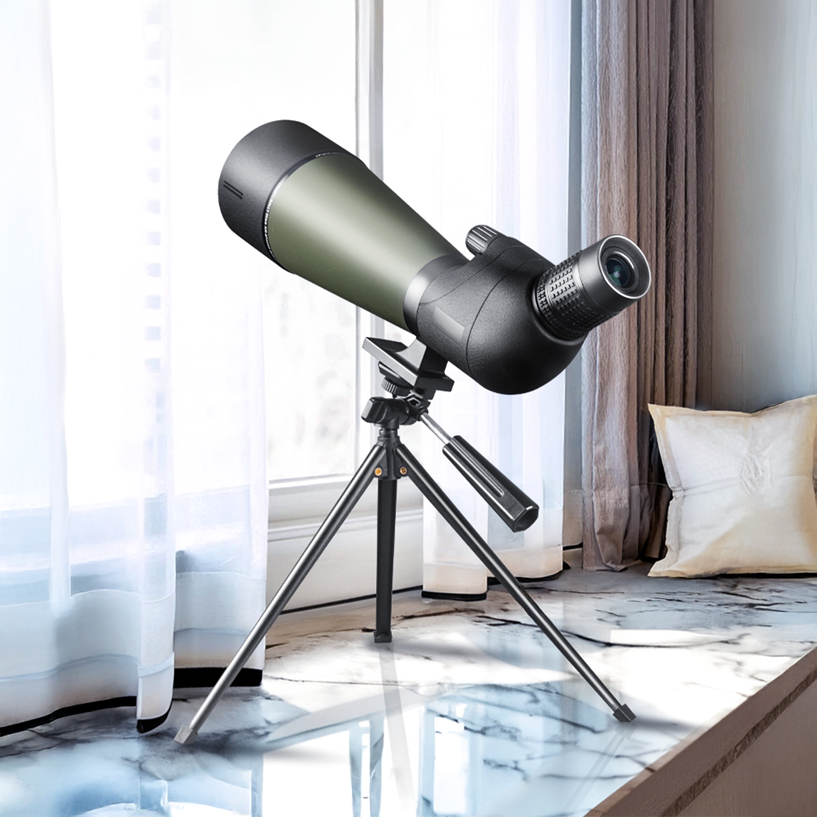 Brivona Spotting Scope on a tripod in a room with curtains and a couch.