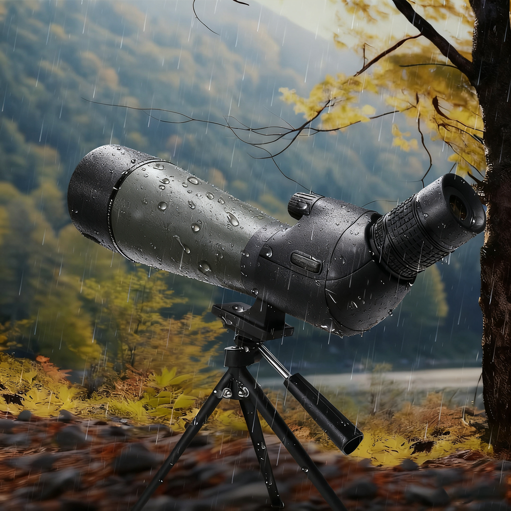 Brivona Spotting Scope on a tripod with a scenic background of trees and water.