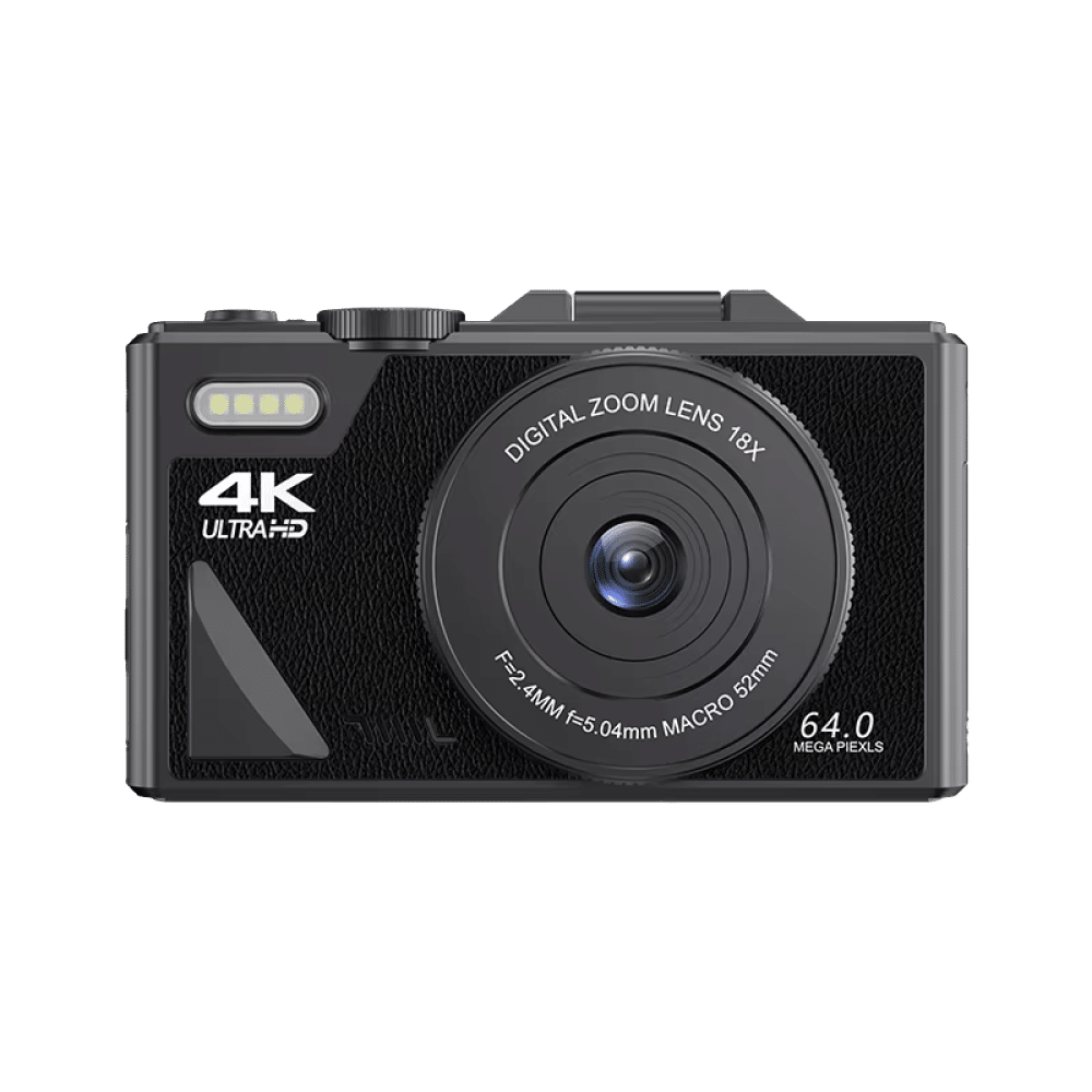 Black CamZoomy Digital Camera with 4K Ultra HD and 64.0 mega pixels on a transparent background