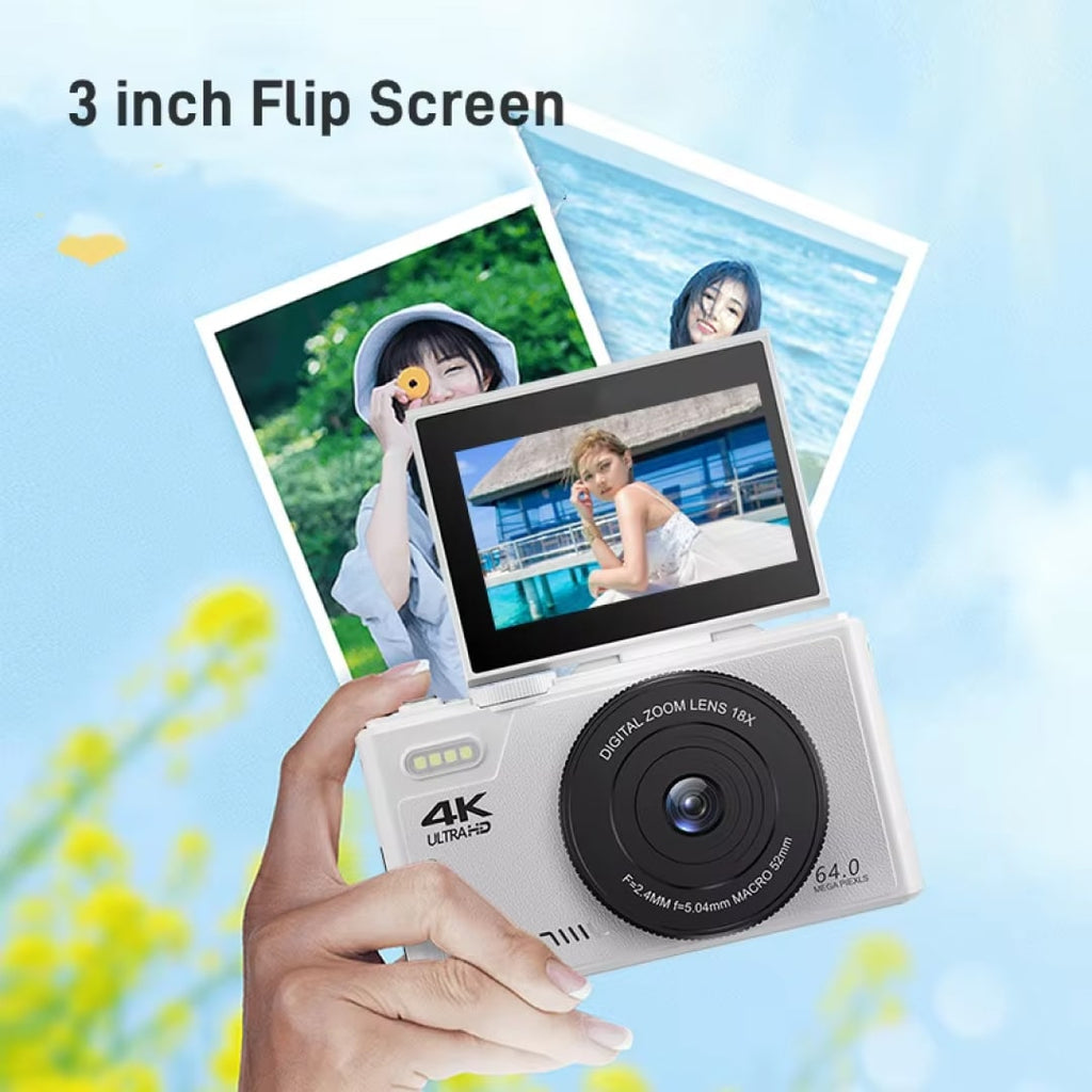CamZoomy Digital Camera with 3-inch flip screen held by a hand, with photos displayed on the screen against a light blue background.