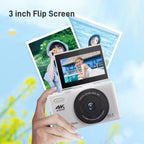 CamZoomy Digital Camera with 3-inch flip screen held by a hand, with photos displayed on the screen against a light blue background.