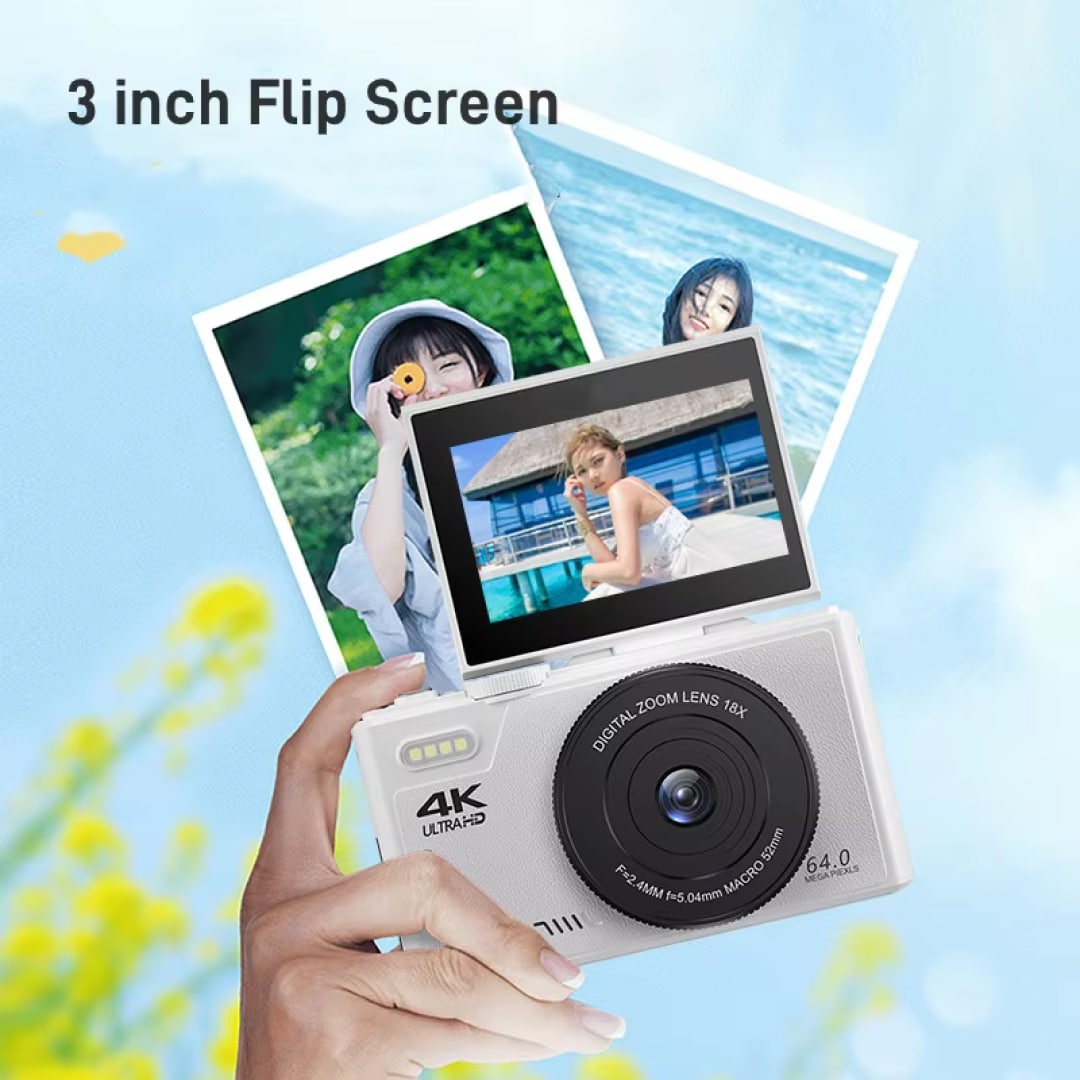 CamZoomy Digital Camera with 3-inch flip screen held by a hand, with photos displayed on the screen against a light blue background.