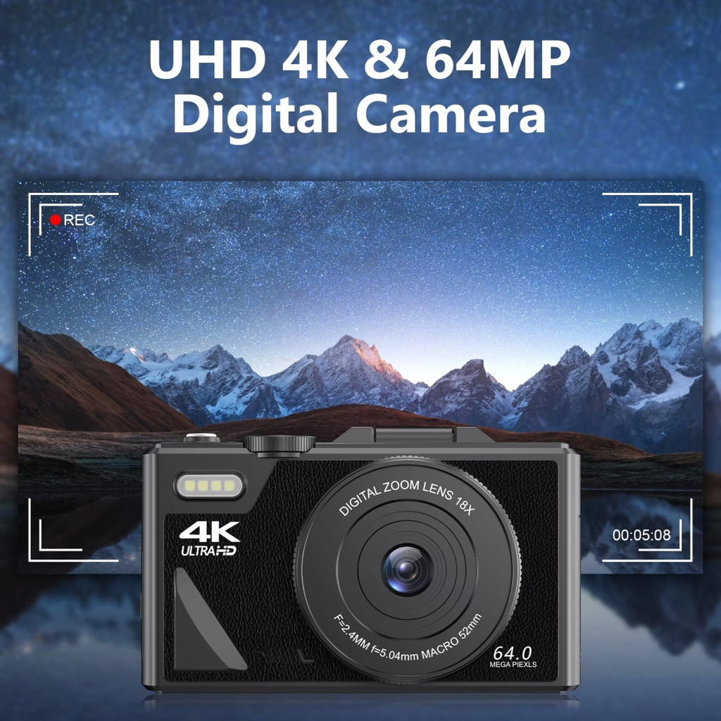 CamZoomy Digital Camera with UHD 4K and 64MP features, displayed against a mountain landscape background.