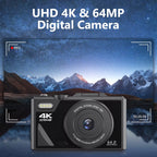 CamZoomy Digital Camera with UHD 4K and 64MP features, displayed against a mountain landscape background.