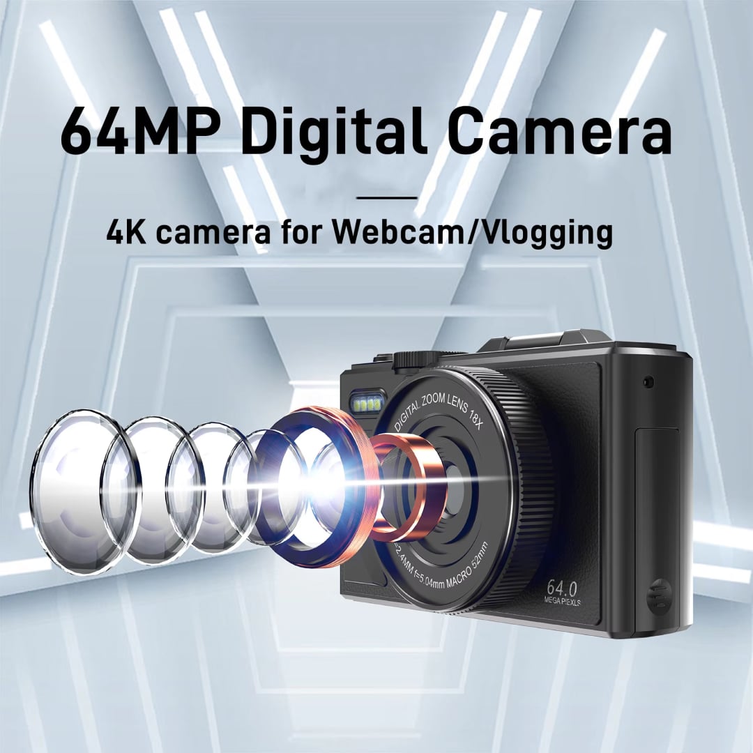 64MP CamZoomy Digital Camera with lens components on a light blue background