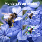 Bees on blue flowers with 'Multiple Focus Modes' text and inset showing before and after focusing.