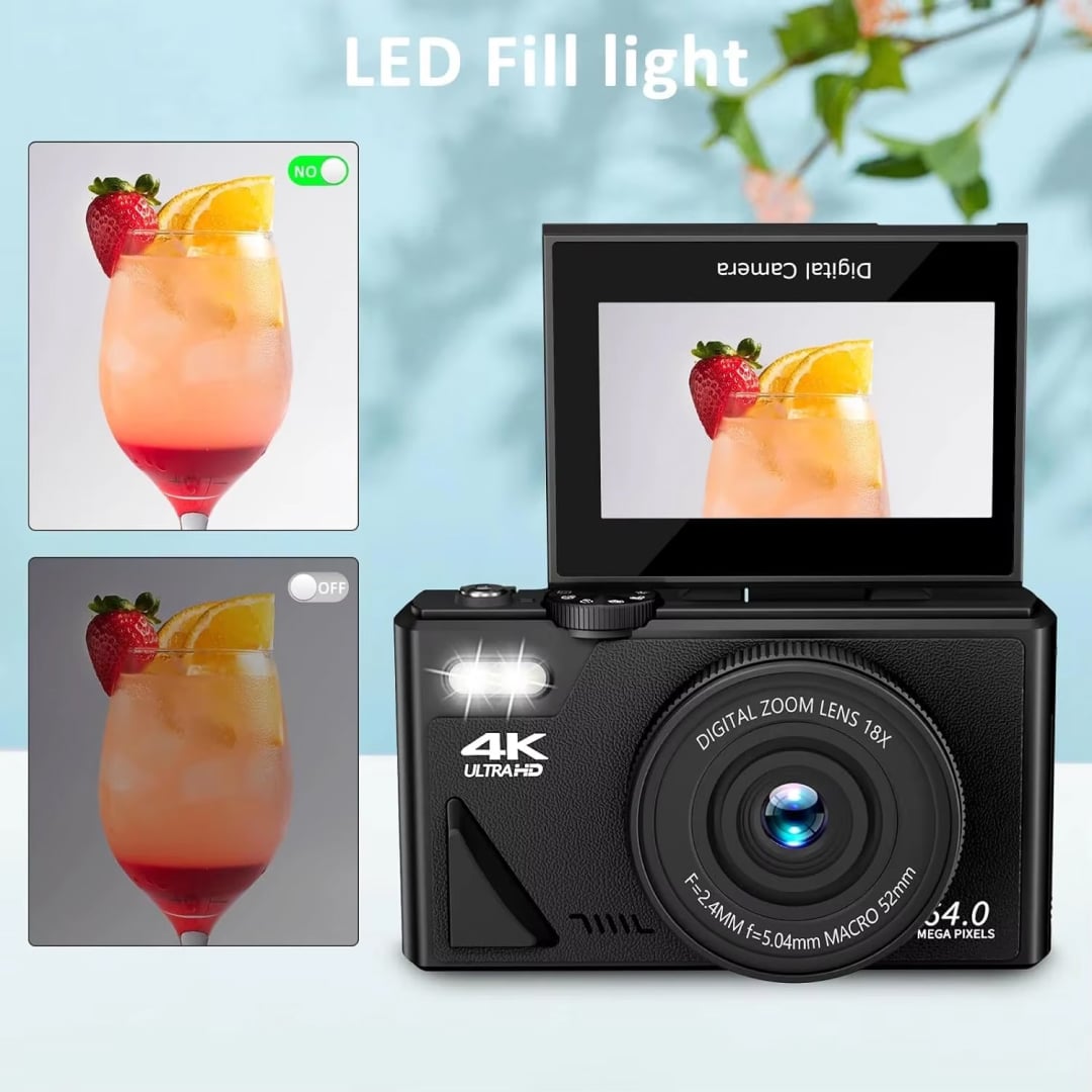 CamZoomy Digital Camera with LED fill light feature, displaying a photo of a cocktail.