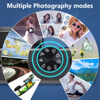 CamZoomy Digital Camera mode dial with various photography modes displayed on a blue gradient background