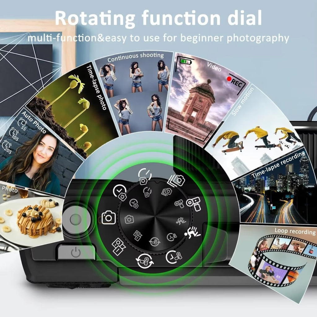 Rotating function dial for photography with various shooting modes displayed