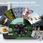 Rotating function dial for photography with various shooting modes displayed