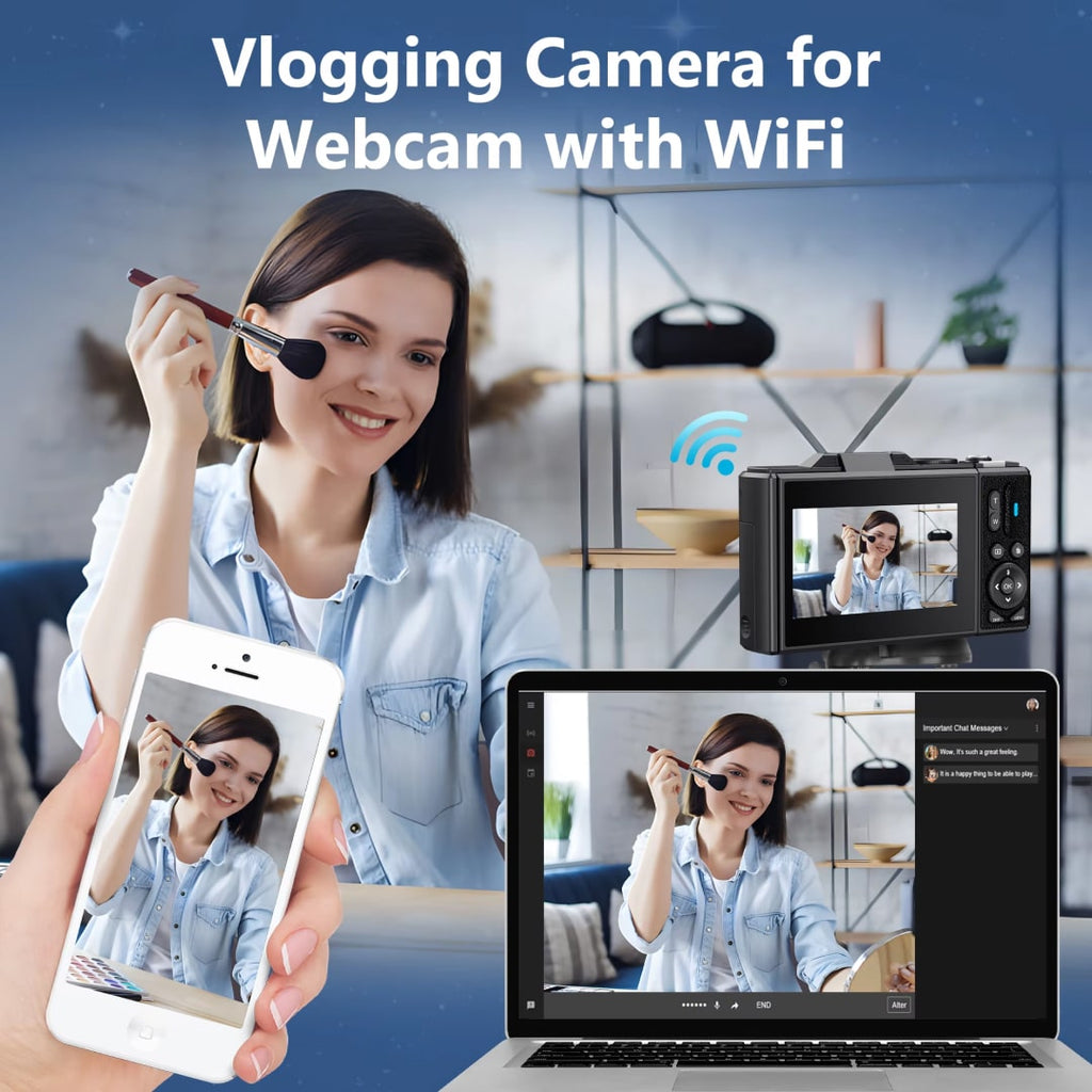 Vlogging CamZoomy Digital Camera with WiFi feature displayed on a laptop screen, held by a person, with a woman using makeup in the background.