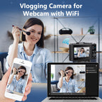 Vlogging CamZoomy Digital Camera with WiFi feature displayed on a laptop screen, held by a person, with a woman using makeup in the background.