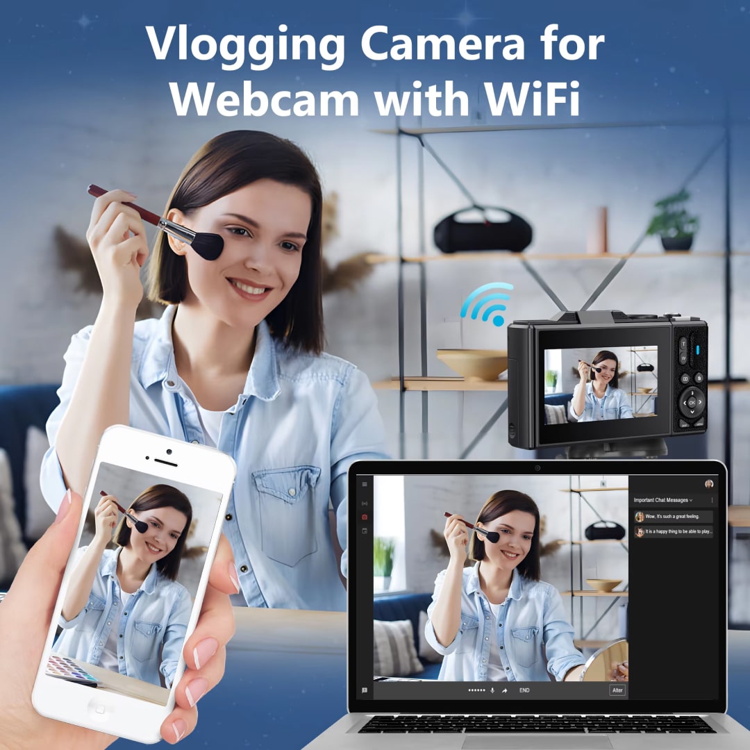 Vlogging CamZoomy Digital Camera with WiFi feature displayed on a laptop screen, held by a person, with a woman using makeup in the background.