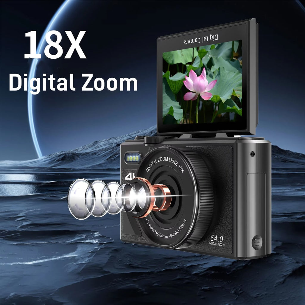 CamZoomy Digital Camera with 18X digital zoom feature displayed on a screen, set against a dark background.