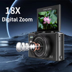 CamZoomy Digital Camera with 18X digital zoom feature displayed on a screen, set against a dark background.