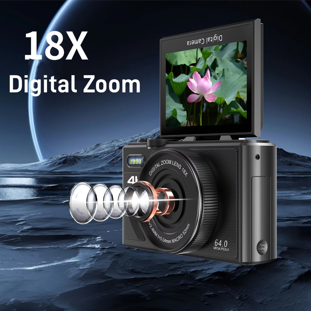 CamZoomy Digital Camera with 18X digital zoom feature displayed on a screen, set against a dark background.