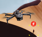 Caracen Pro Max Drone hovering over a desert landscape with a person and warning icon.