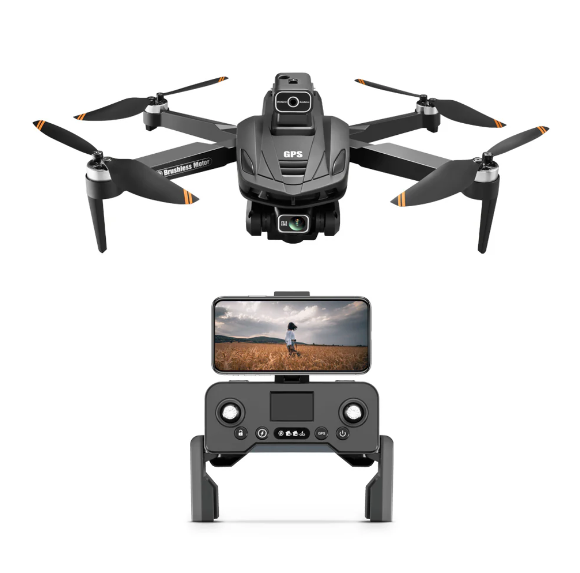 Caracen V168 Pro Max Drone with a smartphone holder on a white background