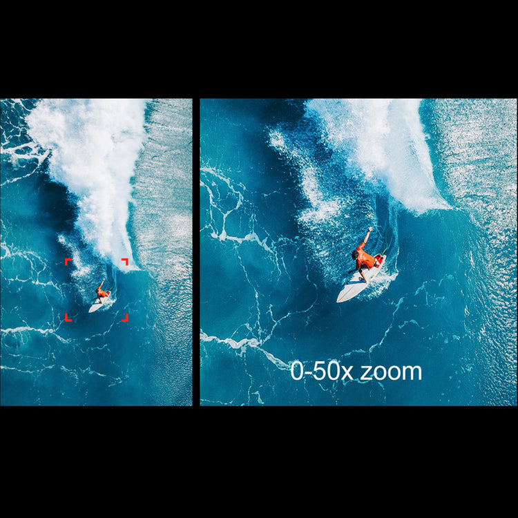 Two views of surfers on waves with a '0-50x zoom' label.