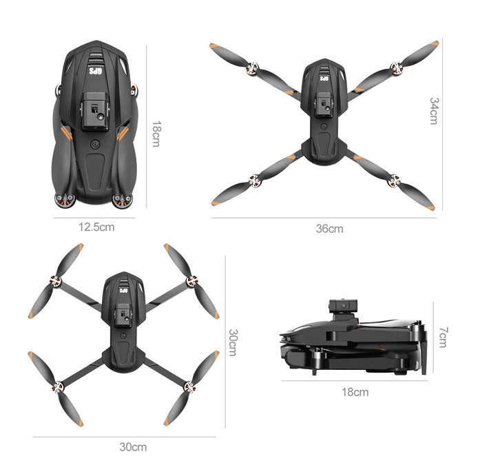 Black Caracen V168 Pro Max drone with measurements indicated on a white background