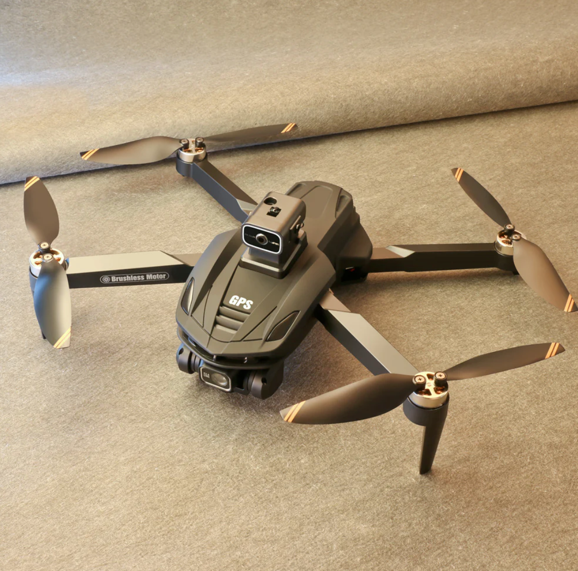 Black Caracen drone with propellers on a textured surface