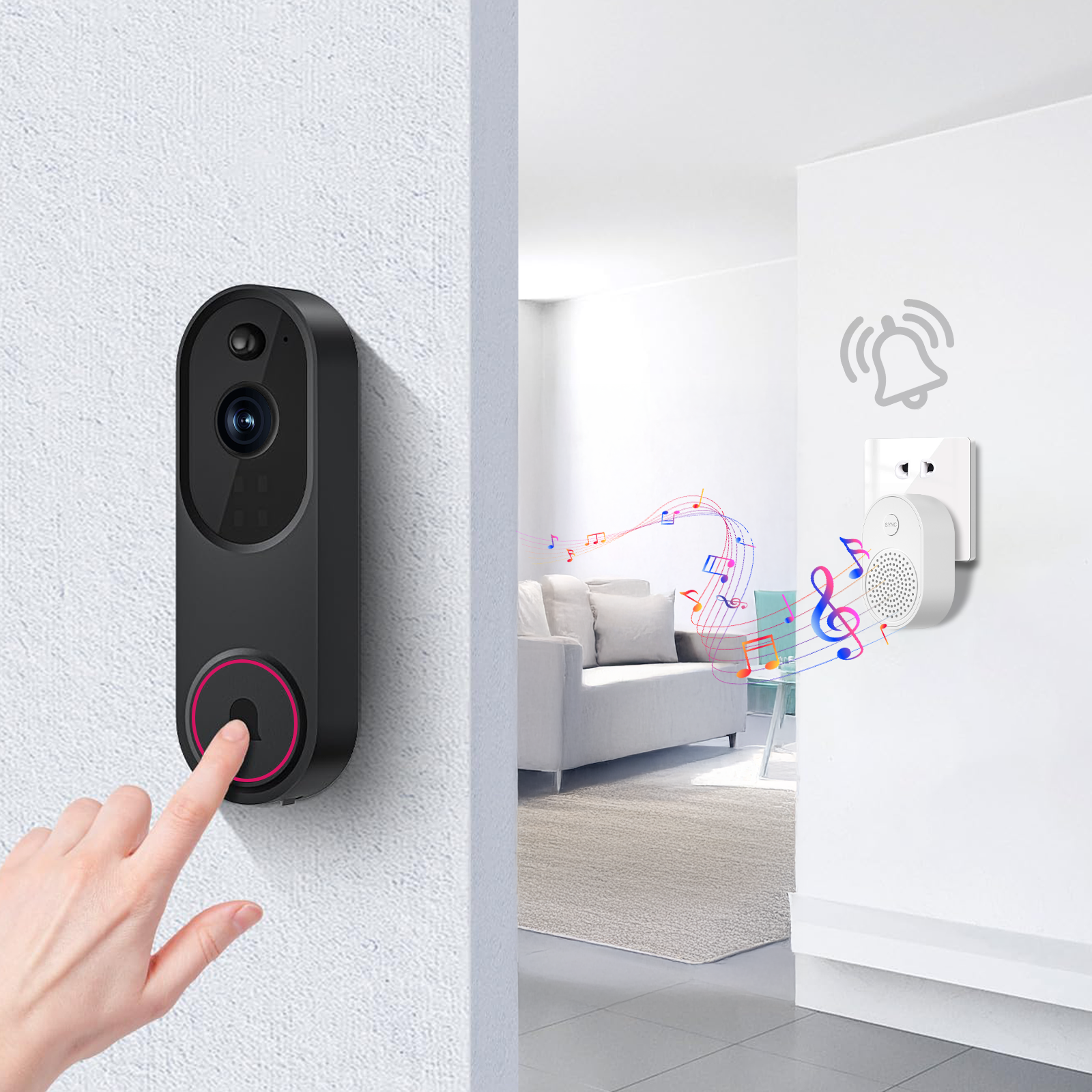 Cavinoo Doorbell Camera with hand pressing button, interior room in background