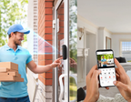 Man delivering pizzas using a Cavinoo Doorbell Camera on a door, with a phone app interface displayed.
