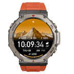 Cavinoo GPS Smartwatch with orange band and mountain display on a white background