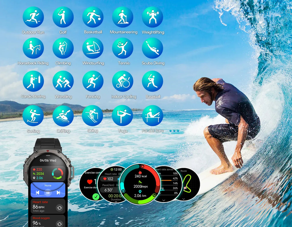 Person surfing with fitness app icons and Cavinoo GPS Smartwatch display on a blue ocean wave background
