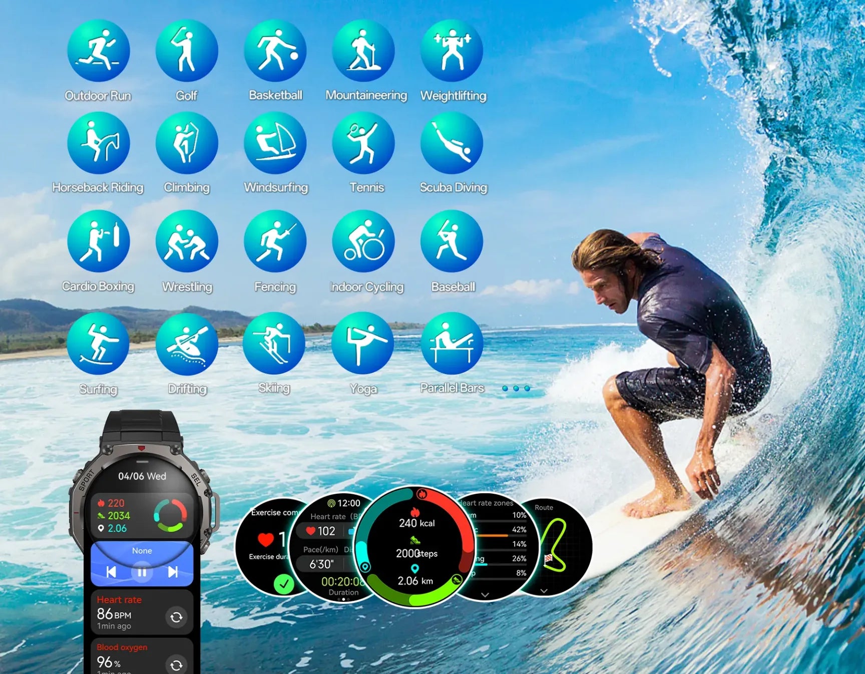 Person surfing with fitness app icons and Cavinoo GPS Smartwatch display on a blue ocean wave background