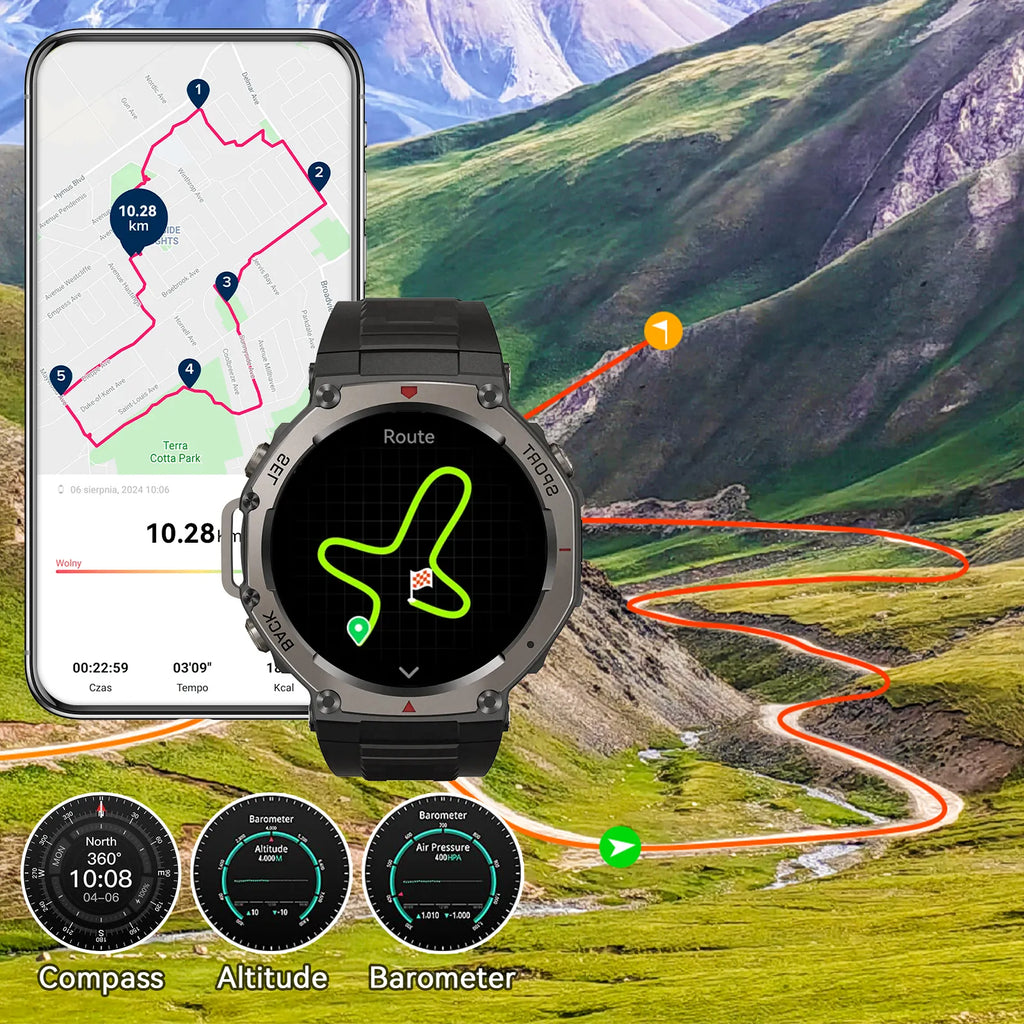 Cavinoo GPS Smartwatch with navigation app on a mountainous landscape